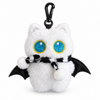 Fluffy white bat cat charm with turquoise eyes and black wings on a white background