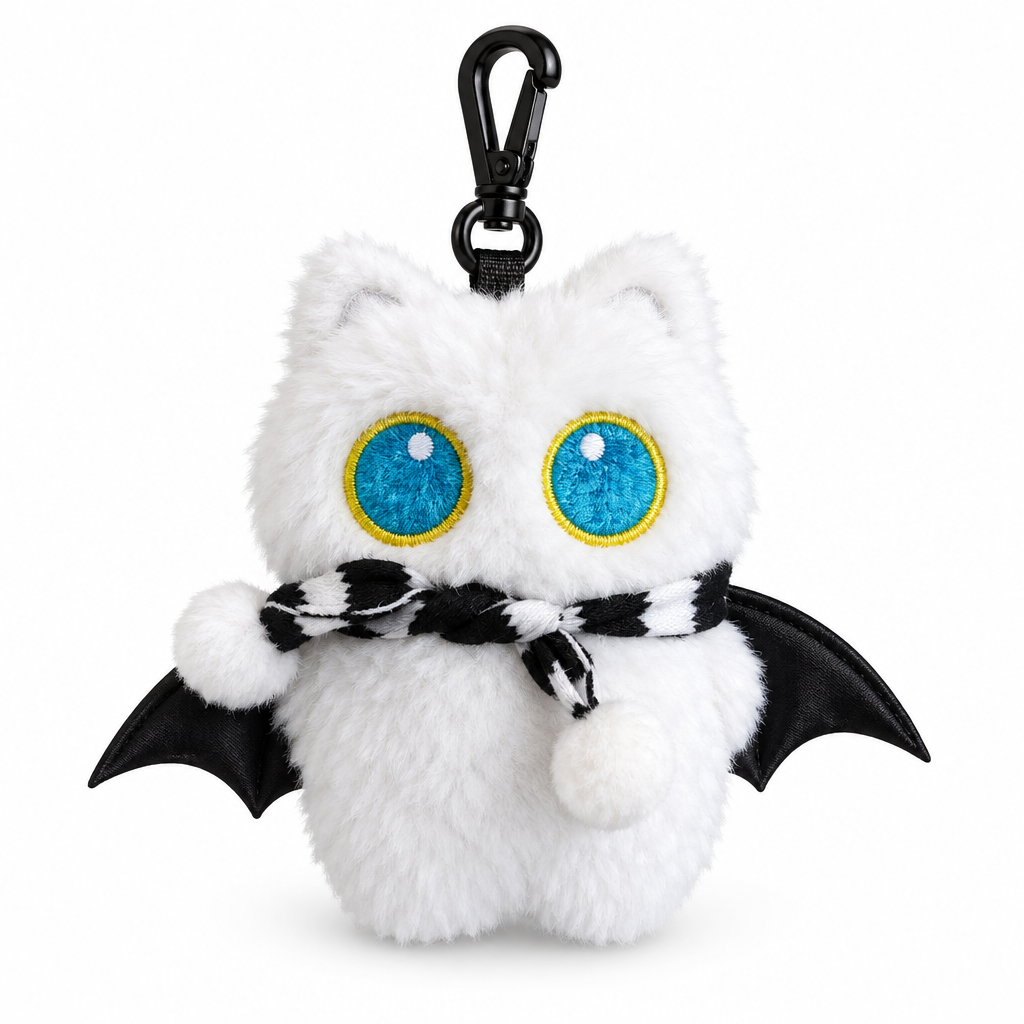 Fluffy white bat cat charm with turquoise eyes and black wings on a white background