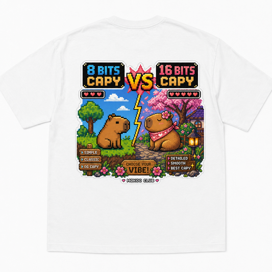 Happy Capy | 8 Bits vs 16 Bits Capy T-Shirt — capybara graphic tee by MOKOO