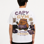 Happy Capy | Capy at the Gym T-Shirt — design detail close-up