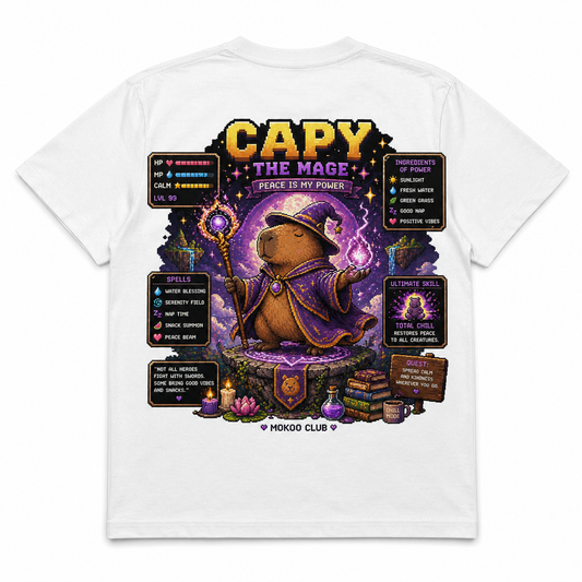 Happy Capy | Capy the Mage T-Shirt — capybara graphic tee by MOKOO