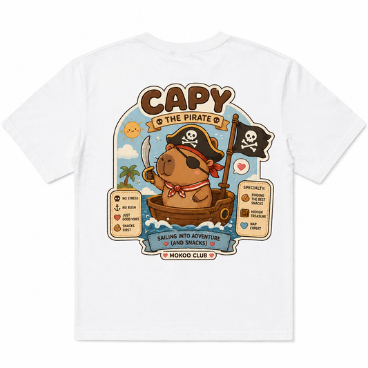 Happy Capy | Capy the Pirate T-Shirt — capybara graphic tee by MOKOO