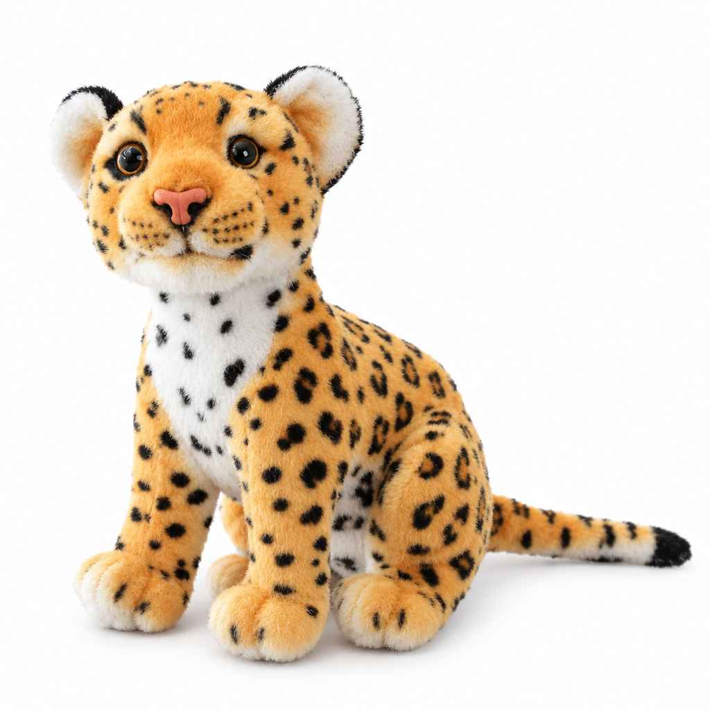 Golden spotted big cat cub plush sitting on a white background
