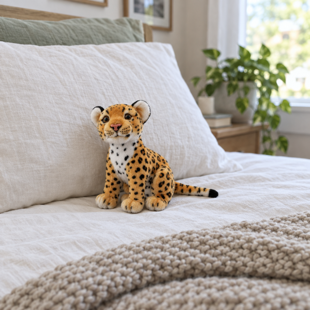 Spotted big cat cub plush sitting on a made bed against a pillow
