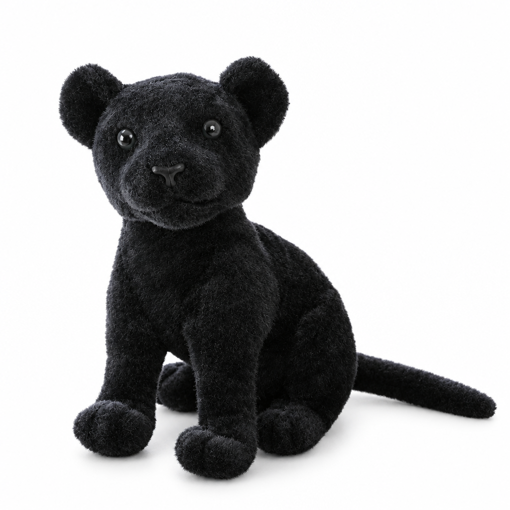 Black panther cub plush sitting on a white background
