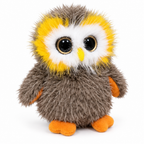 Shaggy brown owl plush with big eyes on a white background