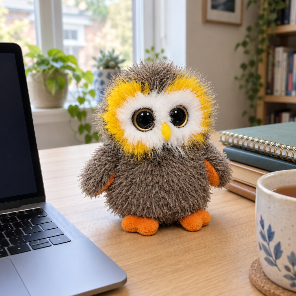 Big-eyed owl plush standing on a desk next to a laptop
