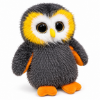 Shaggy gray owl plush with big eyes on a white background
