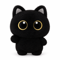 Small black cat plush charm with big gold-ringed eyes on a white background