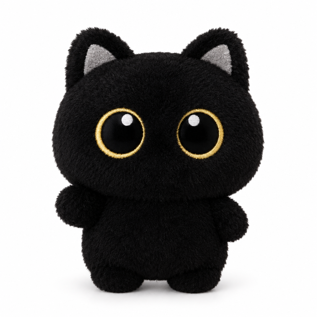 Small black cat plush charm with big gold-ringed eyes on a white background