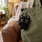 Black cat plush charm hanging from an olive canvas tote on an armchair