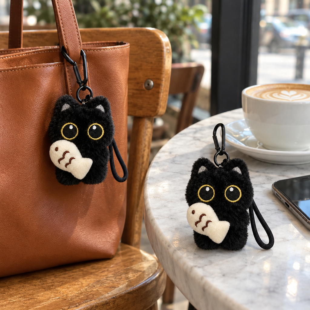 Black cat plush keychains on a leather tote bag and a café table