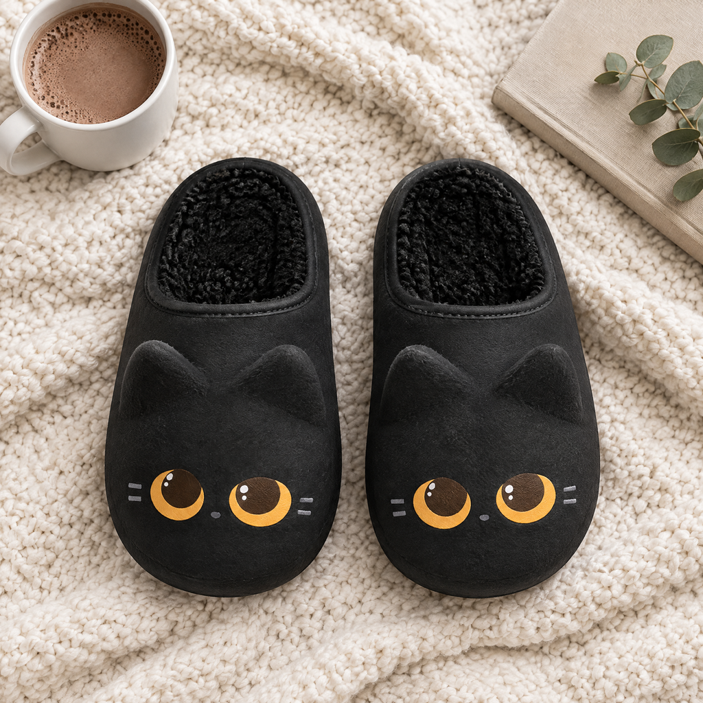 Black Cat Mule Slippers flat lay on a knit blanket with cocoa, a book and greenery