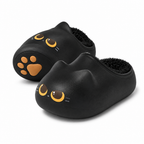 Black cat head slippers with amber eyes on a white background
