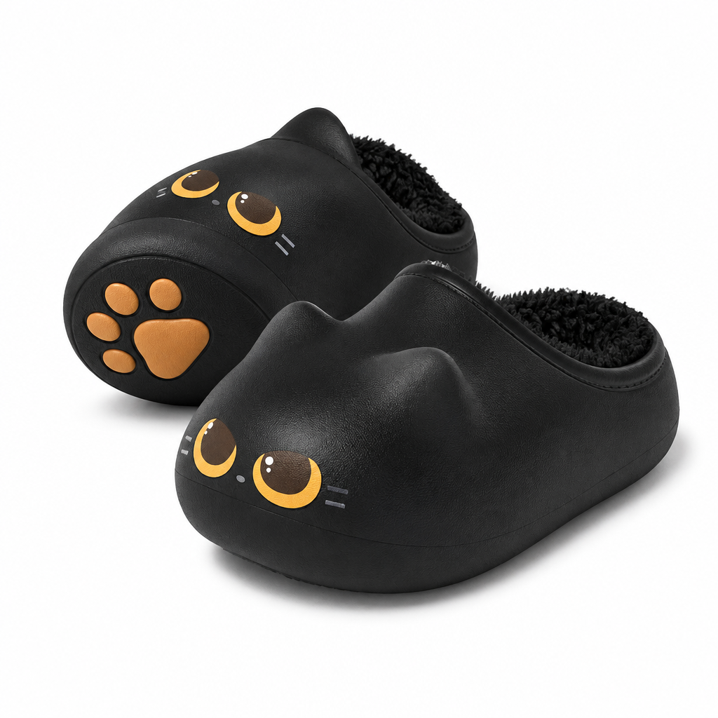 Black cat head slippers with amber eyes on a white background