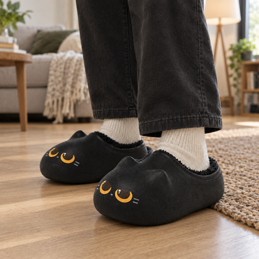 Adult feet in cream socks wearing black cat head slippers on a wooden floor