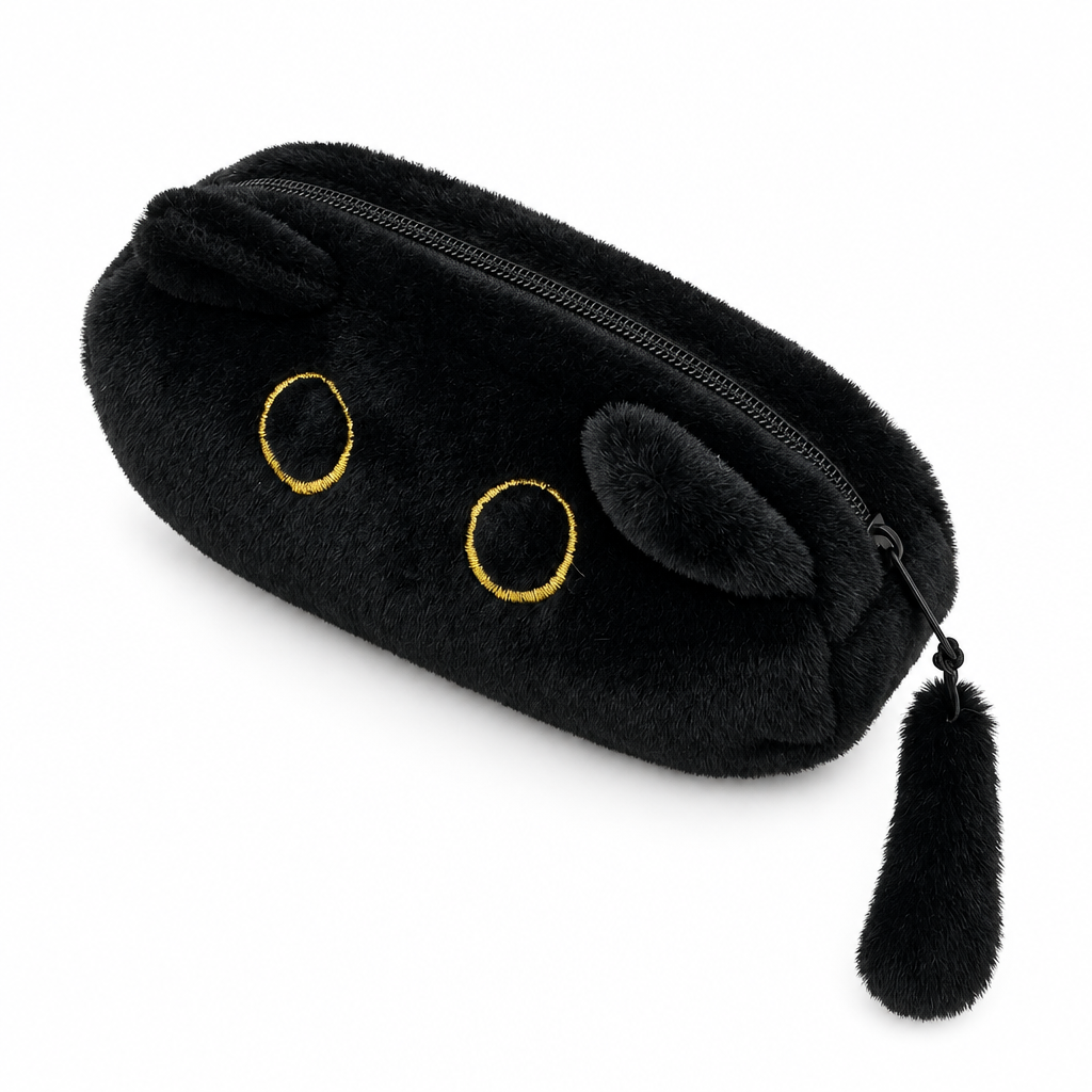 Black cat plush pencil case with gold-outlined eyes on a white background