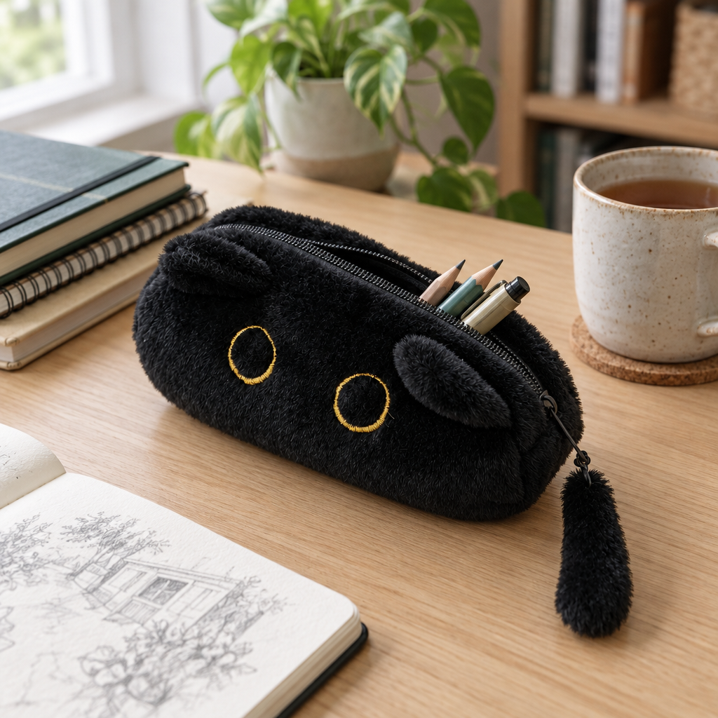 Black cat pencil case with pencils on a wooden desk