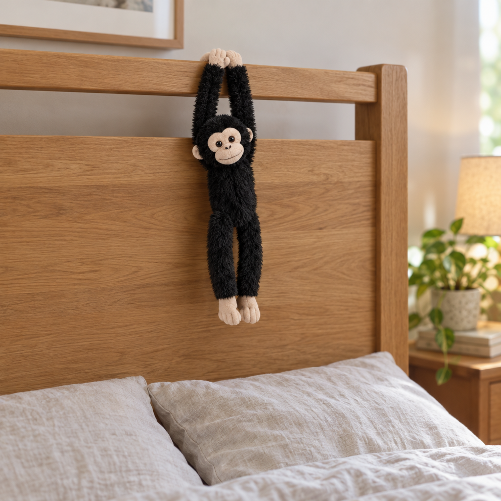 Black monkey plush hanging from a wooden headboard above a made bed