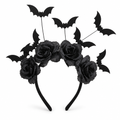 Black headband with black roses and little bats on wires on a white background