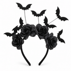 Black headband with black roses and little bats on wires on a white background