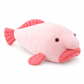 Pink blobfish plush with a droopy nose and puffy lips on a white background