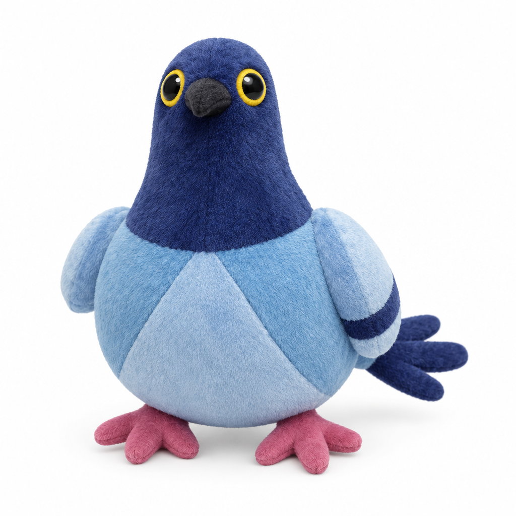 Chubby blue pigeon plush with pink feet on a white background