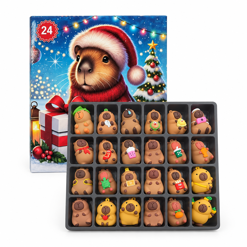 Capybara advent calendar box with a tray of 24 mini capybara figures on a white background