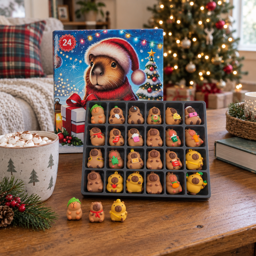 Capybara advent calendar on a coffee table with three mini figures lined up