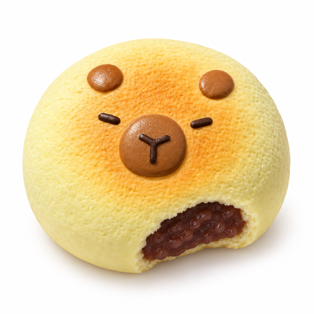 Capybara face bread bun squishy with a bite showing red bean filling on a white background