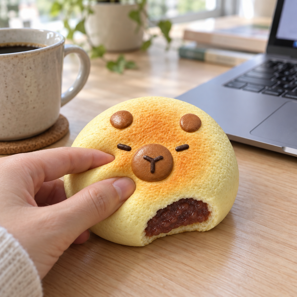 Capybara bread squishy pressed by fingertips on a wooden desk