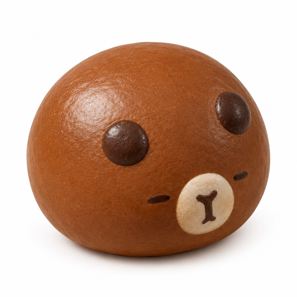 Glazed brown bun squishy with a capybara face on a white background