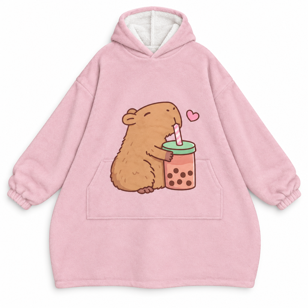 Pink capybara blanket hoodie with a bubble tea print on a white background
