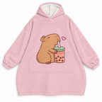 Pink capybara blanket hoodie with a bubble tea print on a white background