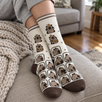 Adult feet in cream capybara crew socks resting on an ottoman