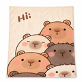 Peach flannel blanket printed with stacked capybara faces on a white background