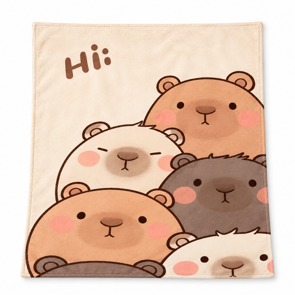 Peach flannel blanket printed with stacked capybara faces on a white background