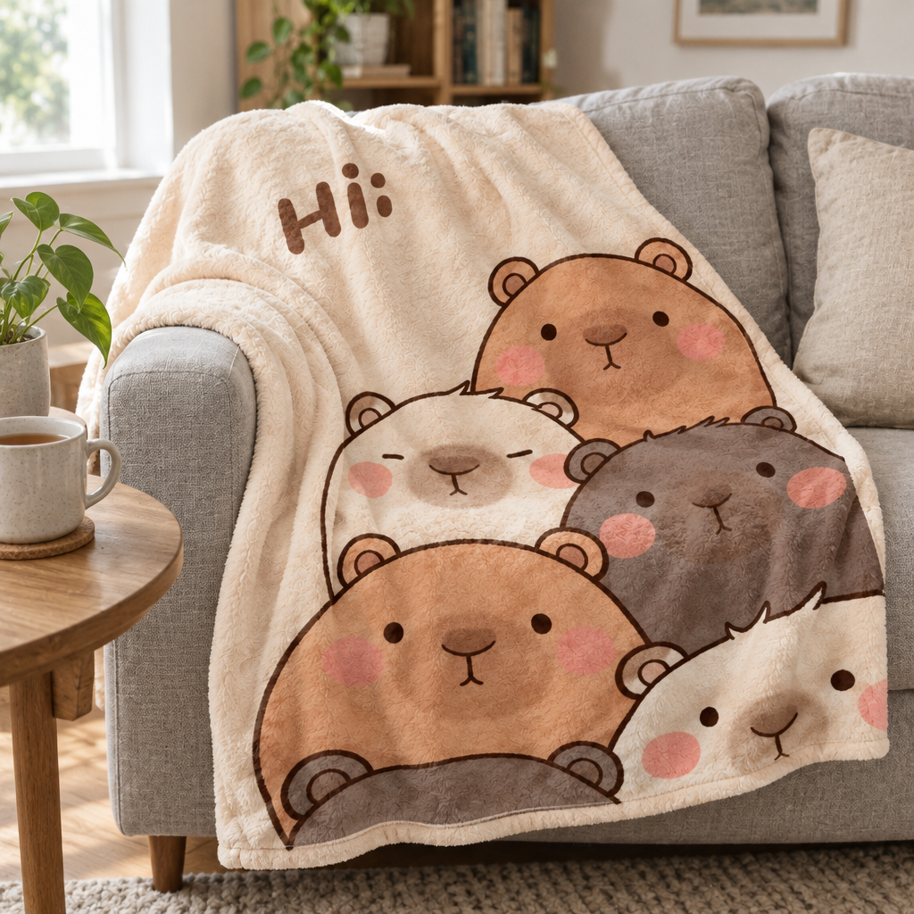 Capybara flannel blanket draped over a gray sofa next to a mug of tea