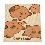 Cream flannel blanket with sleepy capybaras and mandarins on a white background