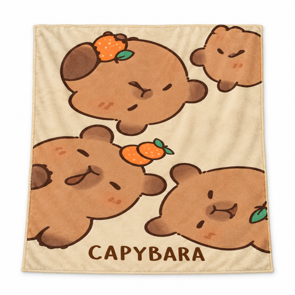 Cream flannel blanket with sleepy capybaras and mandarins on a white background