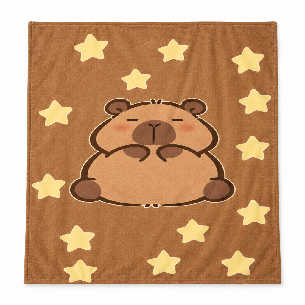Tan brown flannel blanket with a big capybara and yellow stars on a white background
