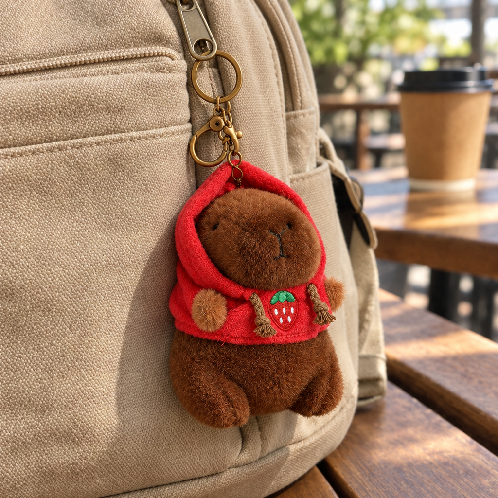 Capybara hoodie keychain clipped to a canvas backpack zipper