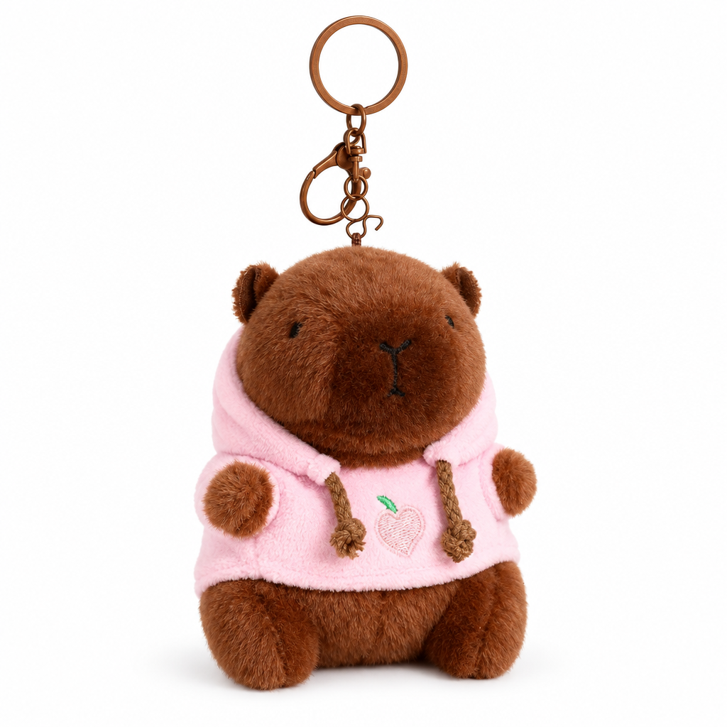 Capybara keychain in a pink hoodie on a white background