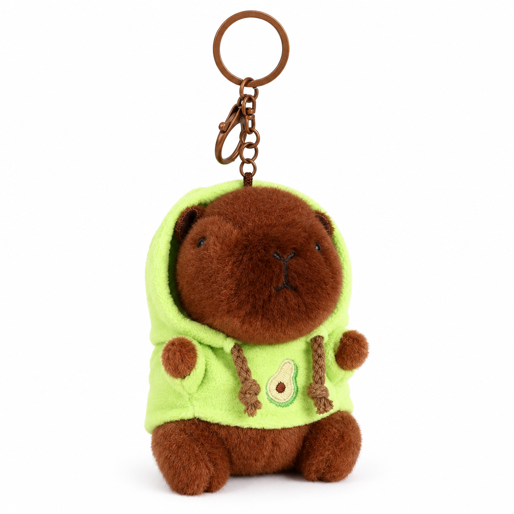 Capybara keychain in a green hoodie on a white background