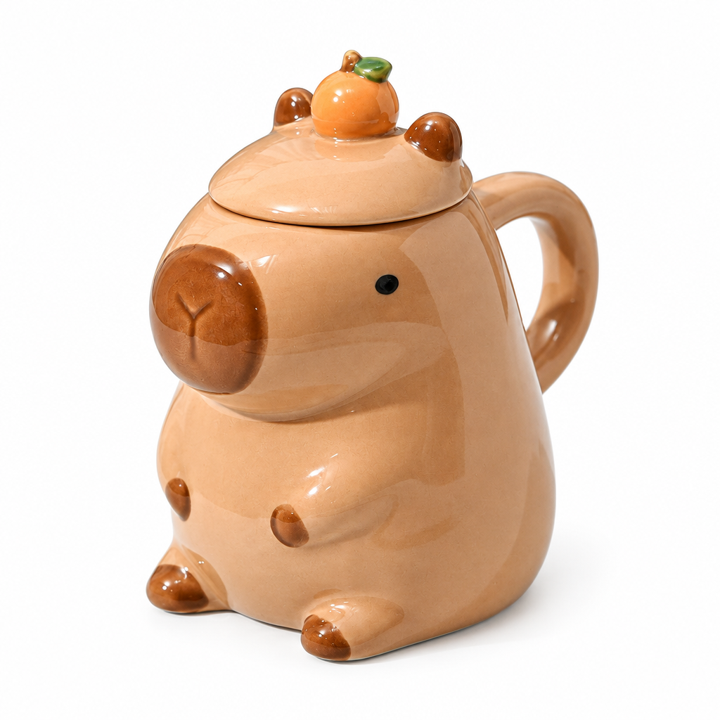 Light brown capybara ceramic mug with a mandarin lid on a white background