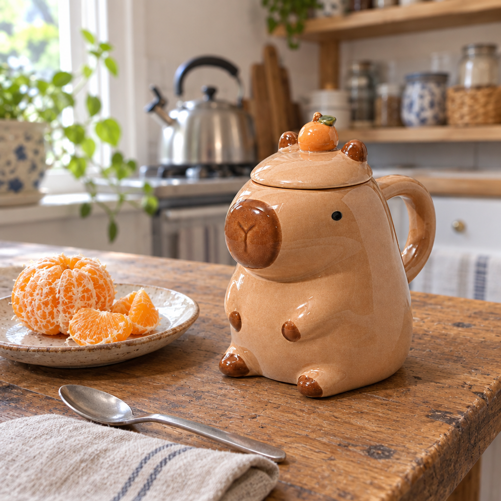 Light brown capybara mug with mandarin lid on a kitchen table next to a peeled mandarin