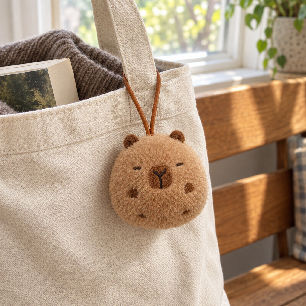 Capybara name tag keychain hanging from a canvas tote bag handle