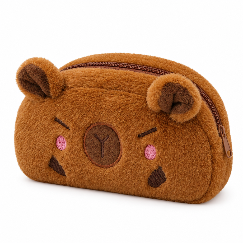 Fuzzy capybara pencil pouch with a grumpy face on a white background