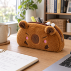 Capybara pencil pouch half open with pens on a wooden desk