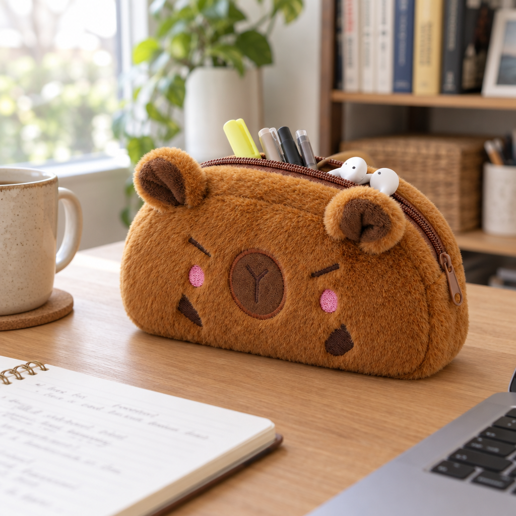 Capybara pencil pouch half open with pens on a wooden desk